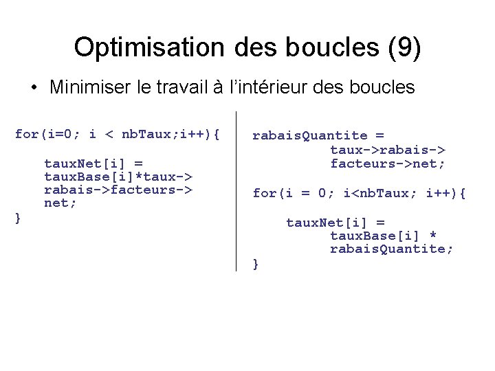 Optimisation des boucles (9) • Minimiser le travail à l’intérieur des boucles for(i=0; i