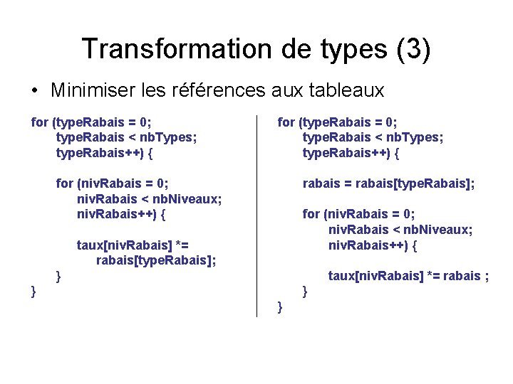 Transformation de types (3) • Minimiser les références aux tableaux for (type. Rabais =