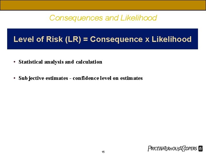 Consequences and Likelihood Level of Risk (LR) = Consequence x Likelihood • Statistical analysis