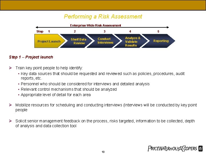 Performing a Risk Assessment Enterprise-Wide Risk Assessment Step 1 Project Launch 2 Shelf Data