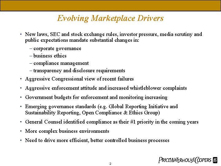 The Market Continuum - How do you view risk? Evolving Marketplace Drivers • New