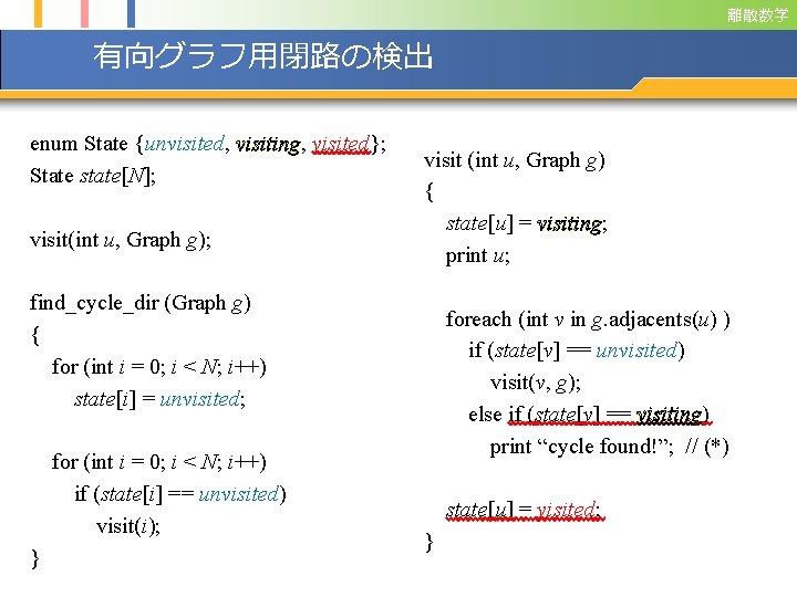 離散数学 有向グラフ用閉路の検出 enum State {unvisited, visiting, visited}; State state[N]; visit(int u, Graph g); visit