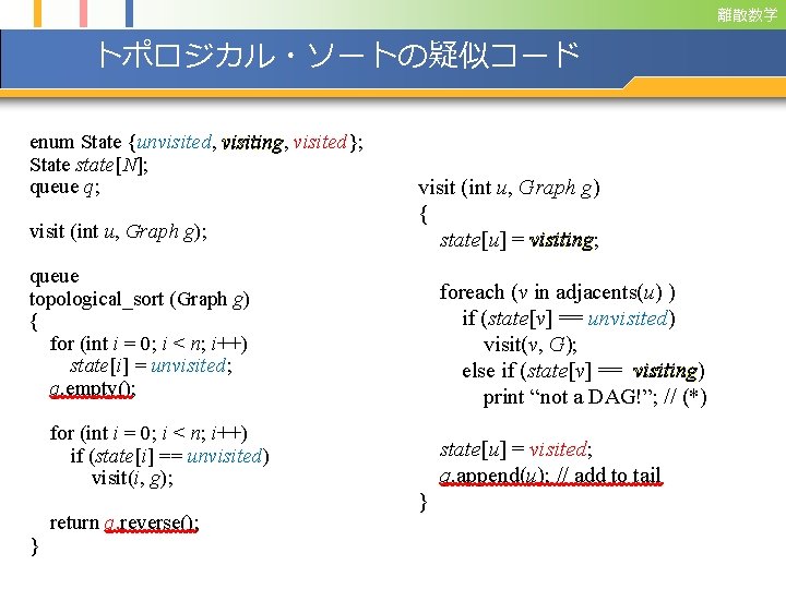 離散数学 トポロジカル・ソートの疑似コード enum State {unvisited, visiting, visited}; State state[N]; queue q; visit (int u,