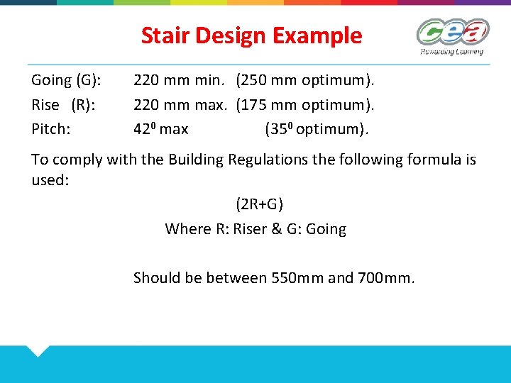 Stair Design Example Going (G): Rise (R): Pitch: 220 mm min. (250 mm optimum).