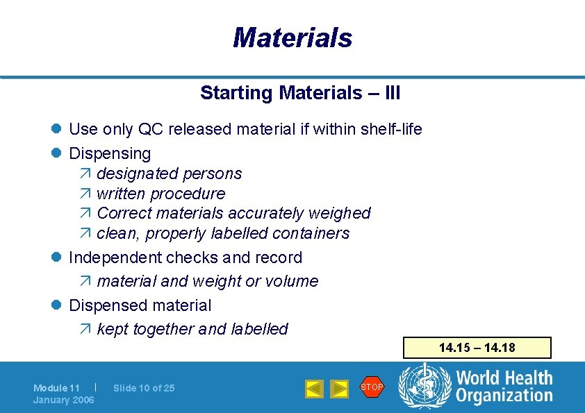 Materials Starting Materials – III l Use only QC released material if within shelf-life