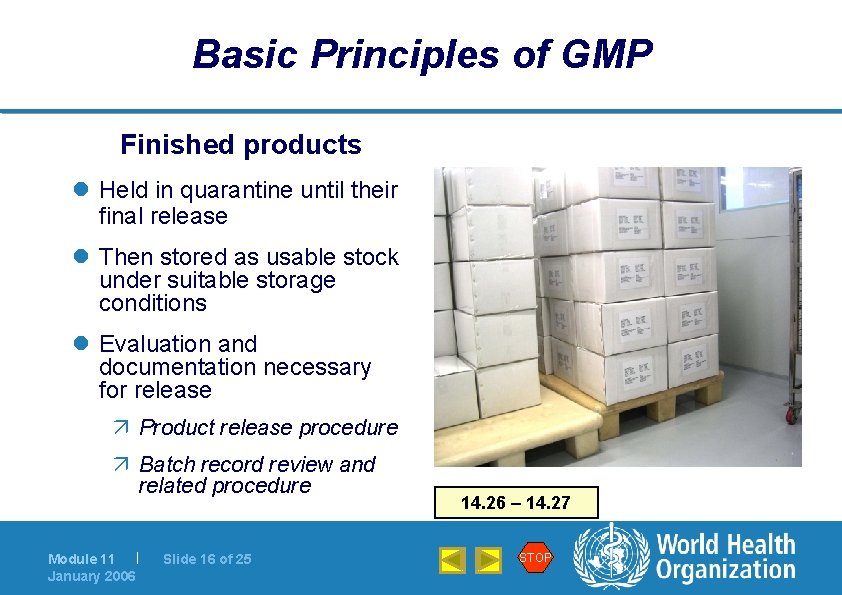 Basic Principles of GMP Finished products l Held in quarantine until their final release