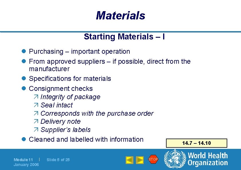 Materials Starting Materials – I l Purchasing – important operation l From approved suppliers