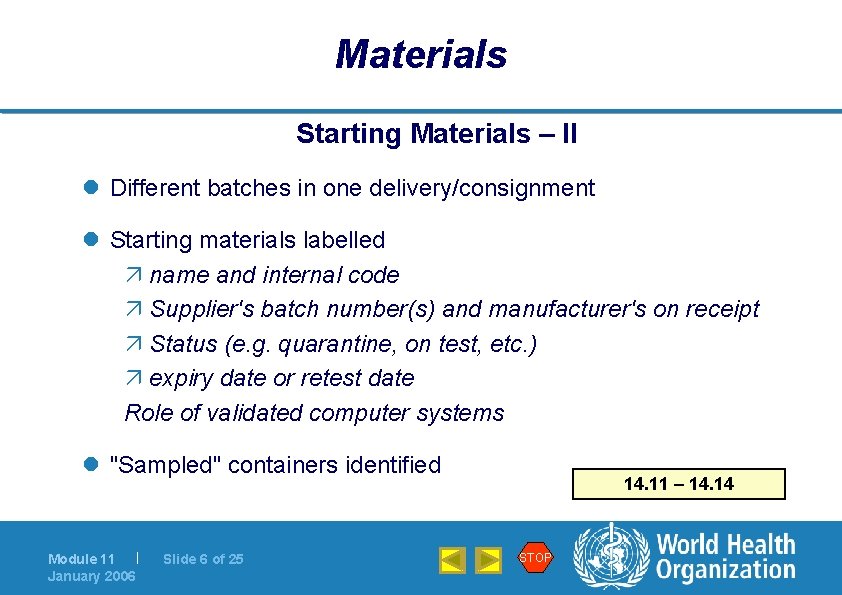 Materials Starting Materials – II l Different batches in one delivery/consignment l Starting materials