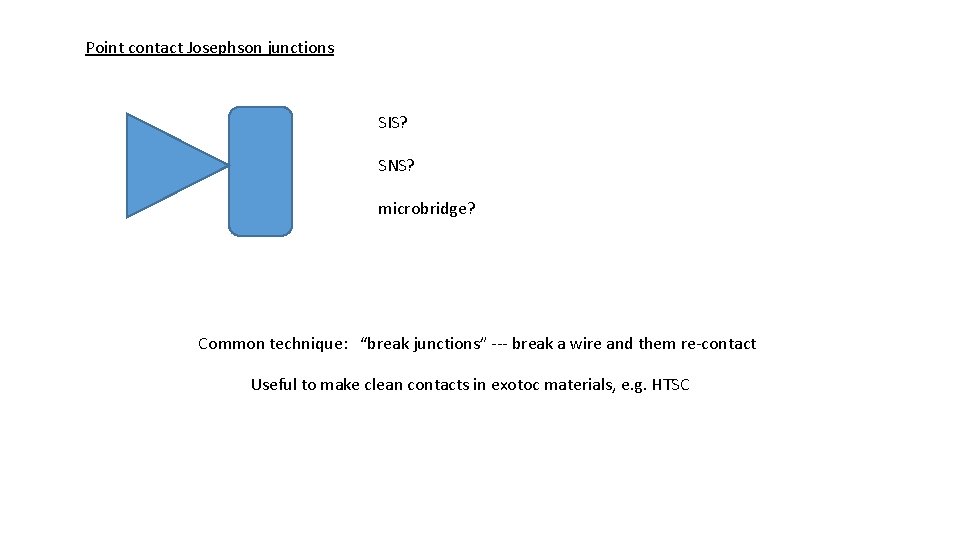 Point contact Josephson junctions SIS? SNS? microbridge? Common technique: “break junctions” --- break a