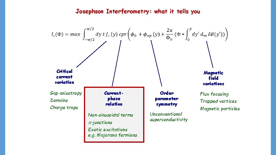Josephson Interferometry: what it tells you Critical current variation Gap anisotropy Domains Charge traps