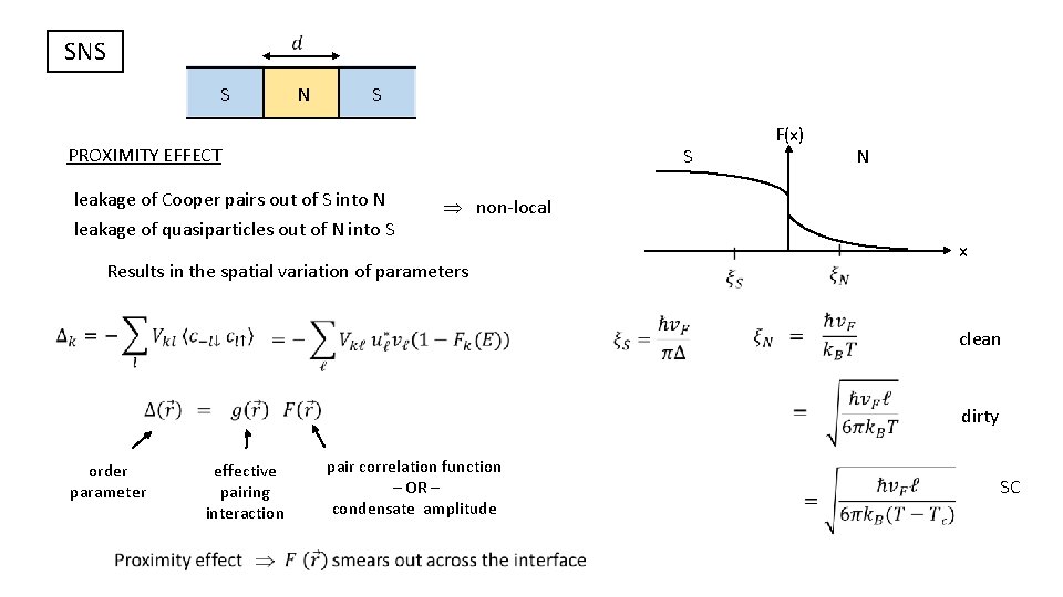  SNS S N S PROXIMITY EFFECT S leakage of Cooper pairs out of