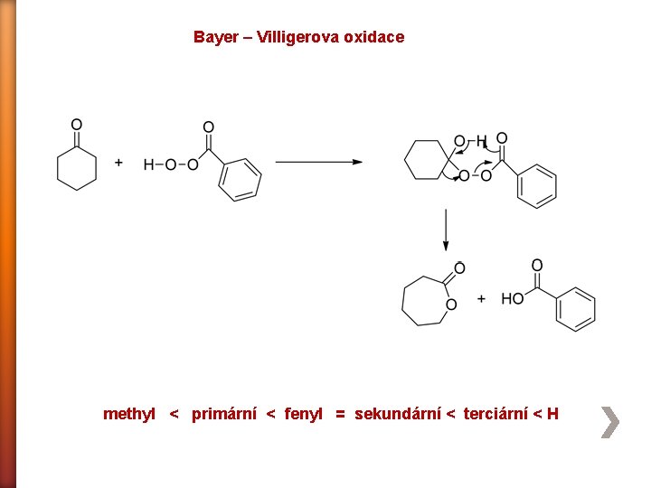 Bayer – Villigerova oxidace methyl < primární < fenyl = sekundární < terciární <