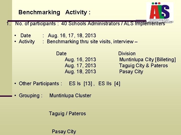 Benchmarking Activity : 1. No. of participants : 40 Schools Administrators / ALS Implementers