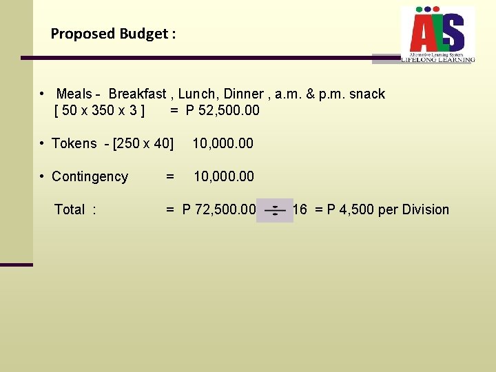 Proposed Budget : • Meals - Breakfast , Lunch, Dinner , a. m. &