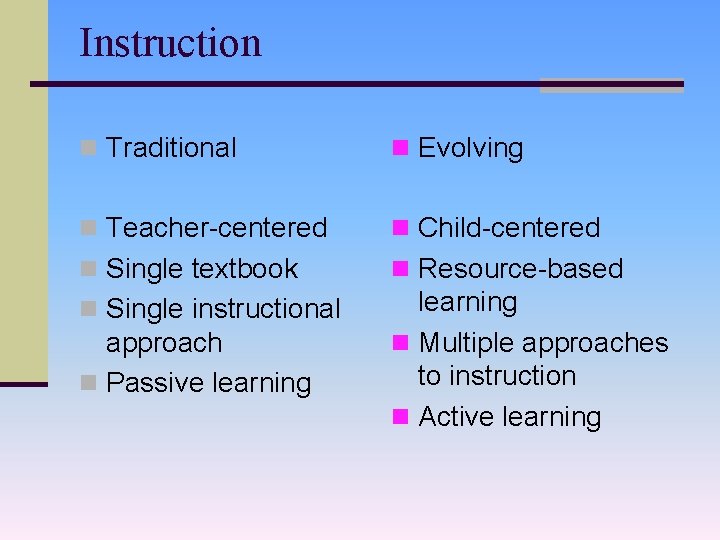 Instruction n Traditional n Evolving n Teacher-centered n Child-centered n Single textbook n Resource-based