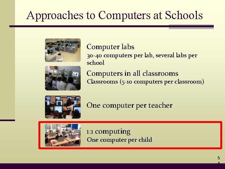 Approaches to Computers at Schools Computer labs 30 -40 computers per lab, several labs