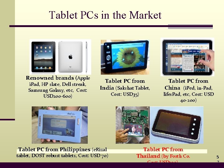 Tablet PCs in the Market Renowned brands (Apple i. Pad, HP slate, Dell streak,