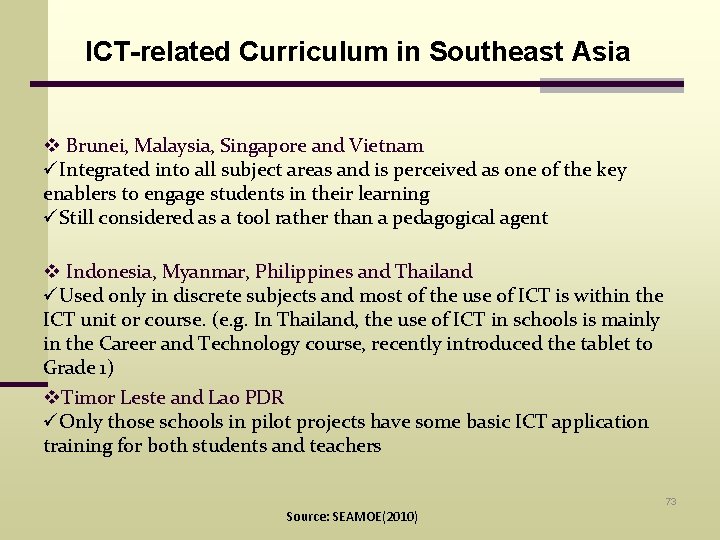 ICT-related Curriculum in Southeast Asia v Brunei, Malaysia, Singapore and Vietnam üIntegrated into all