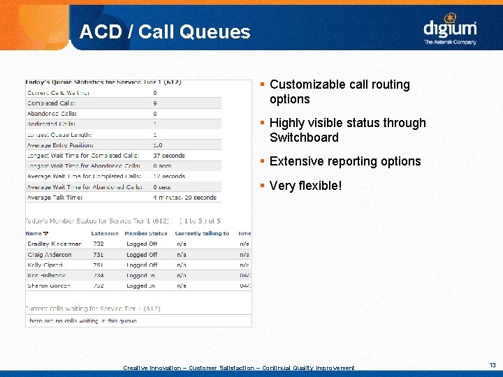 ACD / Call Queues § Customizable call routing options § Highly visible status through