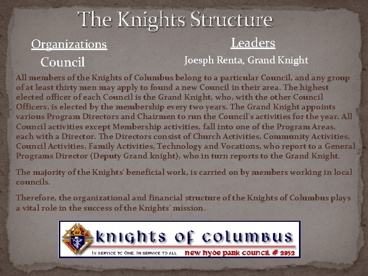 The Knights Structure Organizations Council Leaders Joesph Renta, Grand Knight All members of the