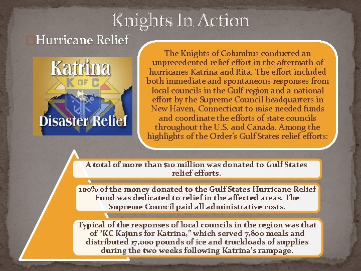 Knights In Action �Hurricane Relief The Knights of Columbus conducted an unprecedented relief effort