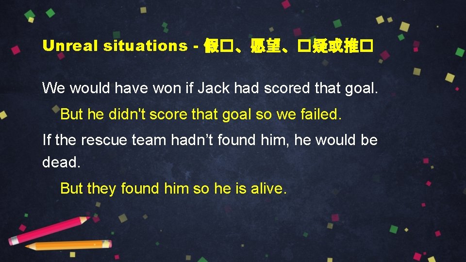 Unreal situations - 假�、愿望、�疑或推� We would have won if Jack had scored that goal.