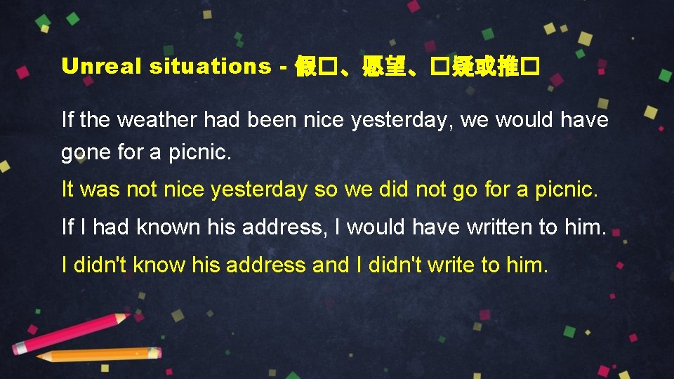 Unreal situations - 假�、愿望、�疑或推� If the weather had been nice yesterday, we would have