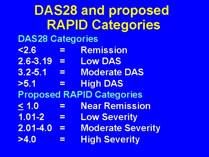 DAS 28 and proposed RAPID Categories DAS 28 Categories <2. 6 = Remission 2.