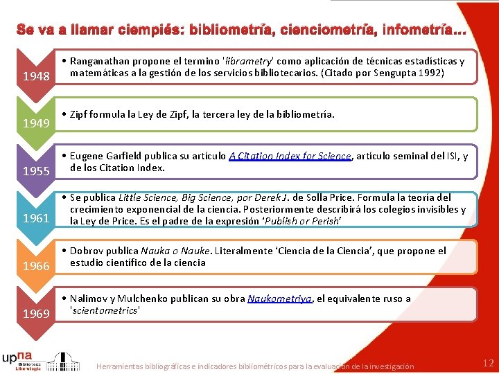 Se va a llamar ciempiés: bibliometría, cienciometría, infometría… • Ranganathan propone el termino 'librametry'