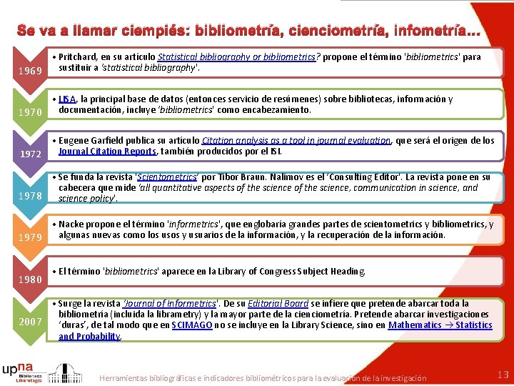 Se va a llamar ciempiés: bibliometría, cienciometría, infometría… • Pritchard, en su artículo Statistical