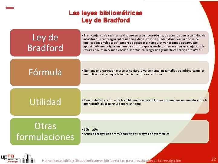 Las leyes bibliométricas Ley de Bradford • Si un conjunto de revistas se dispone