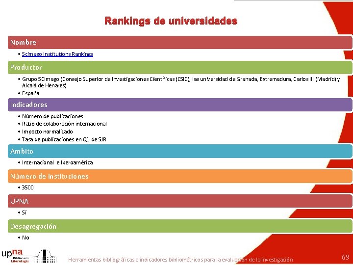 Rankings de universidades Nombre • Scimago Institutions Rankings Productor • Grupo SCImago (Consejo Superior