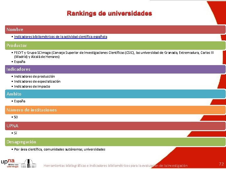 Rankings de universidades Nombre • Indicadores bibliométricos de la actividad científica española Productor •