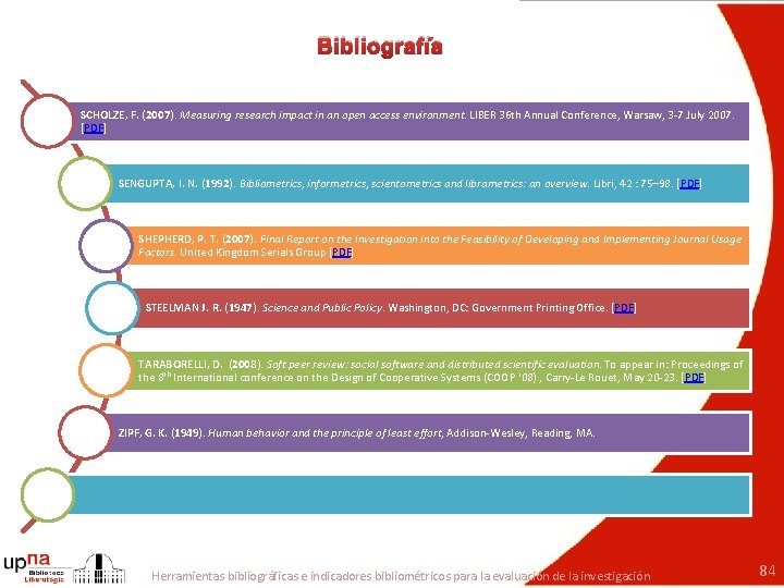 Bibliografía SCHOLZE, F. (2007). Measuring research impact in an open access environment. LIBER 36