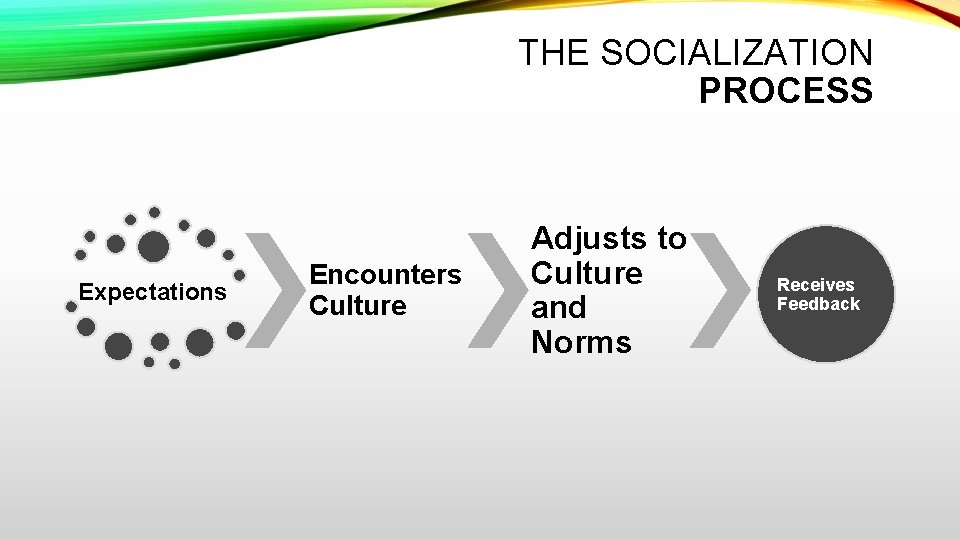 THE SOCIALIZATION PROCESS Expectations Encounters Culture Adjusts to Culture and Norms Receives Feedback 