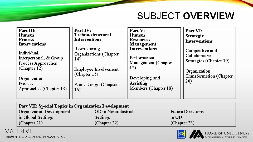 SUBJECT OVERVIEW Part III: Human Process Interventions Individual, Interpersonal, & Group Process Approaches (Chapter