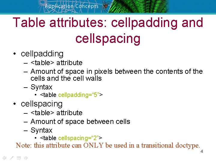 Table attributes: cellpadding and cellspacing • cellpadding – <table> attribute – Amount of space