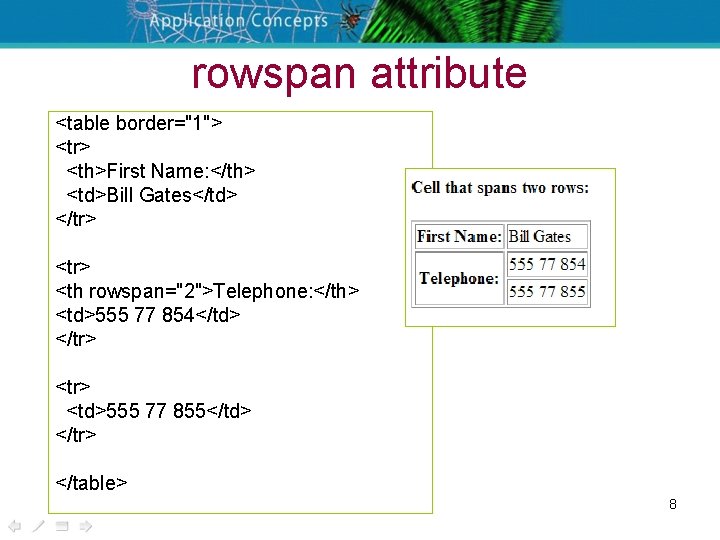 rowspan attribute <table border="1"> <tr> <th>First Name: </th> <td>Bill Gates</td> </tr> <th rowspan="2">Telephone: </th>