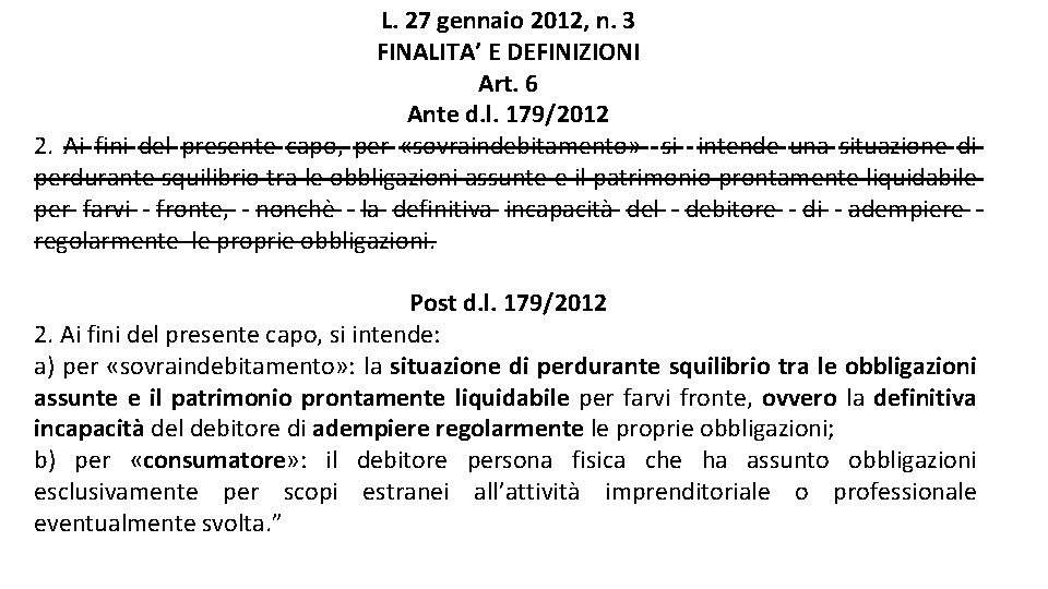 L. 27 gennaio 2012, n. 3 FINALITA’ E DEFINIZIONI Art. 6 Ante d. l. L. 27 gennaio 2012, n. 3 FINALITA’ E DEFINIZIONI Art. 6 Ante d. l.