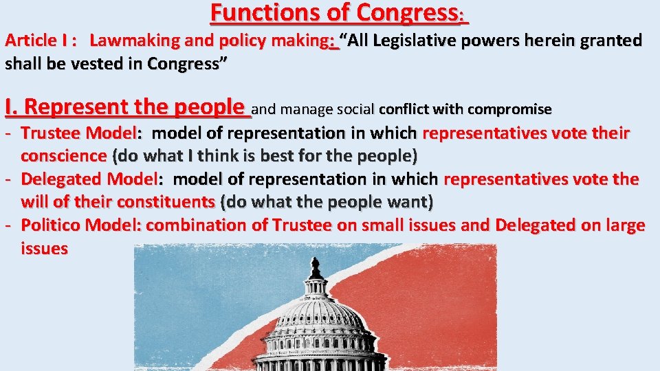 Functions of Congress: Article I : Lawmaking and policy making: “All Legislative powers herein