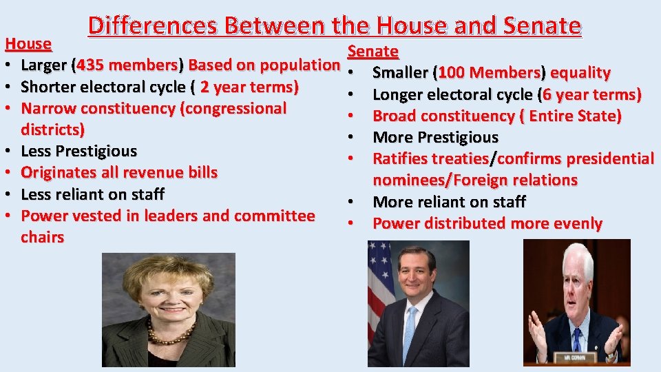 Differences Between the House and Senate House • Larger (435 members) Based on population