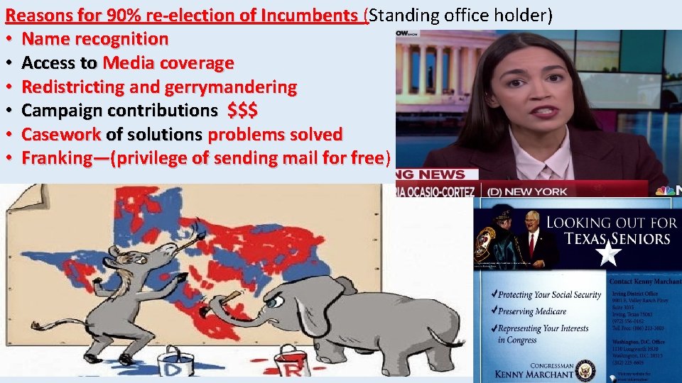 Reasons for 90% re-election of Incumbents (Standing office holder) • Name recognition • Access