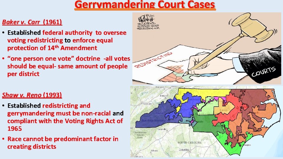 Gerrymandering Court Cases Baker v. Carr (1961) • Established federal authority to oversee voting