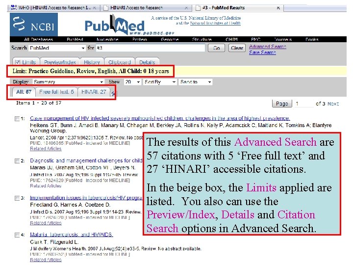 The results of this Advanced Search are 57 citations with 5 ‘Free full text’