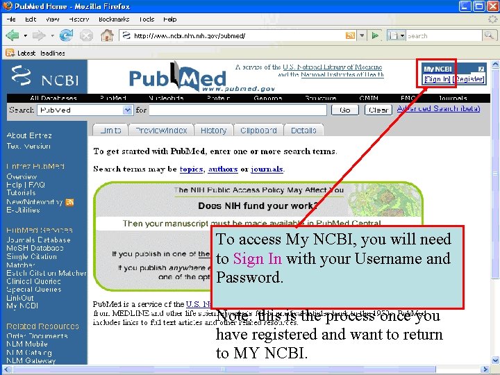 To access My NCBI, you will need to Sign In with your Username and