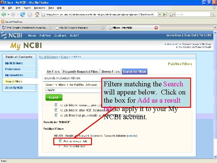 Filters matching the Search will appear below. Click on the box for Add as