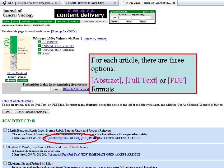 For each article, there are three options: [Abstract], [Full Text] or [PDF] formats. 