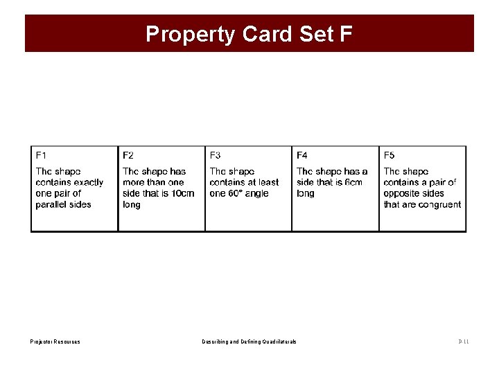 Property Card Set F Projector Resources Describing and Defining Quadrilaterals P-11 