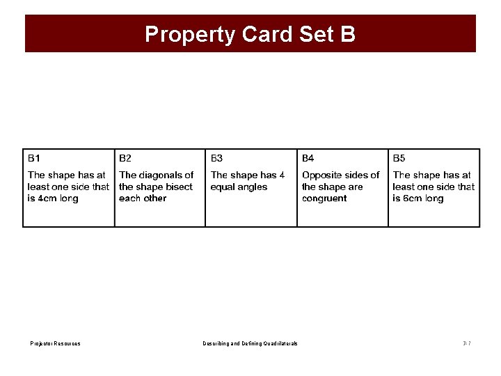 Property Card Set B Projector Resources Describing and Defining Quadrilaterals P-7 