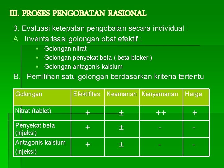 III. PROSES PENGOBATAN RASIONAL 3. Evaluasi ketepatan pengobatan secara individual : A. Inventarisasi golongan III. PROSES PENGOBATAN RASIONAL 3. Evaluasi ketepatan pengobatan secara individual : A. Inventarisasi golongan